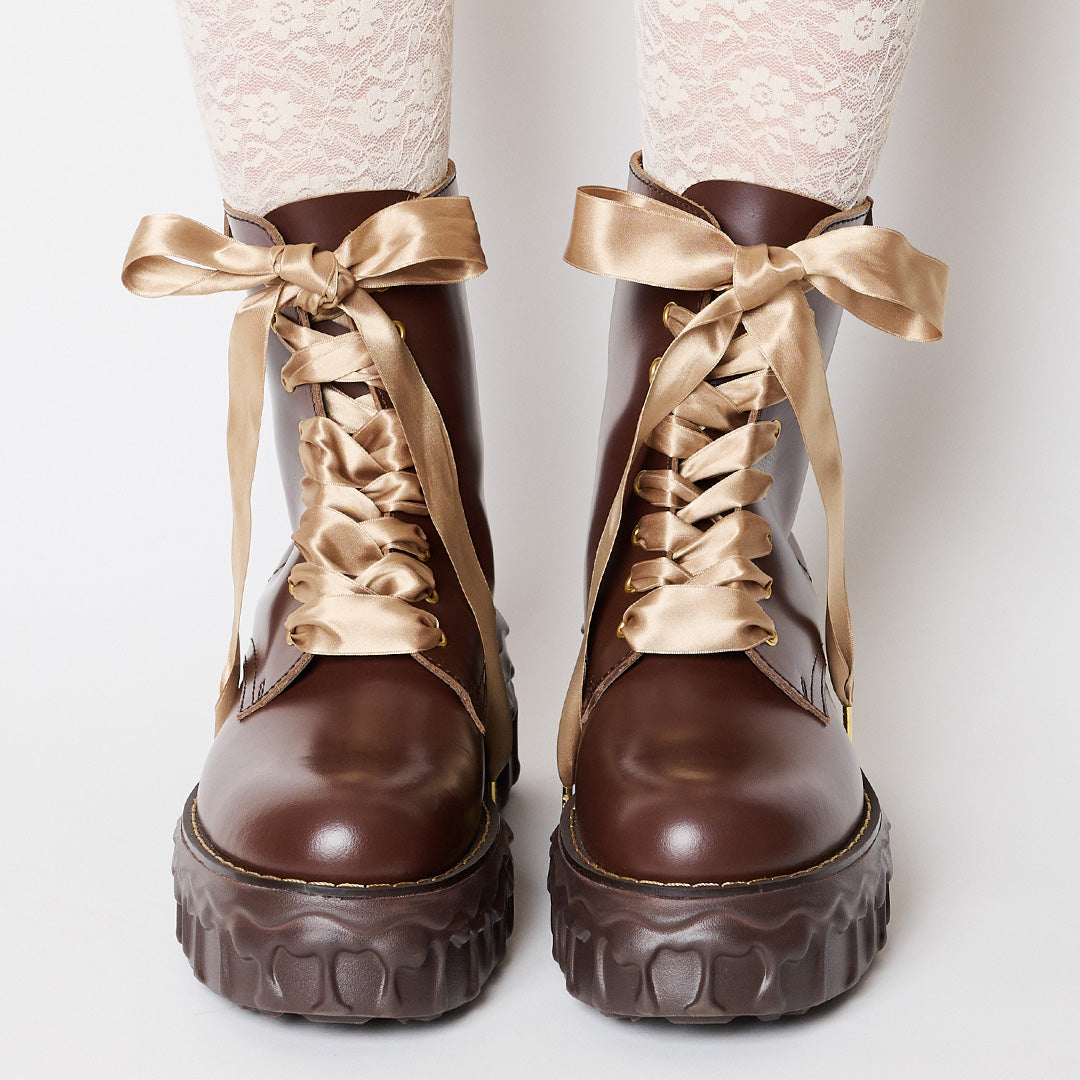 Melting Chocolate Satin Ribbon Lace Up Leather Boots (Brown)【Japan Jewelry】