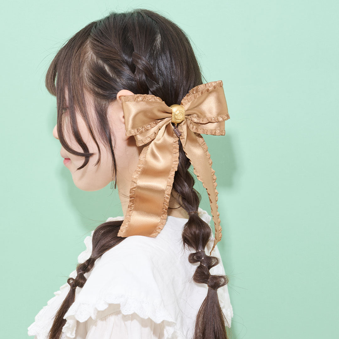 Frilled Satin Ribbon Chocolate Barrette (Brown Gold)【Japan Jewelry】