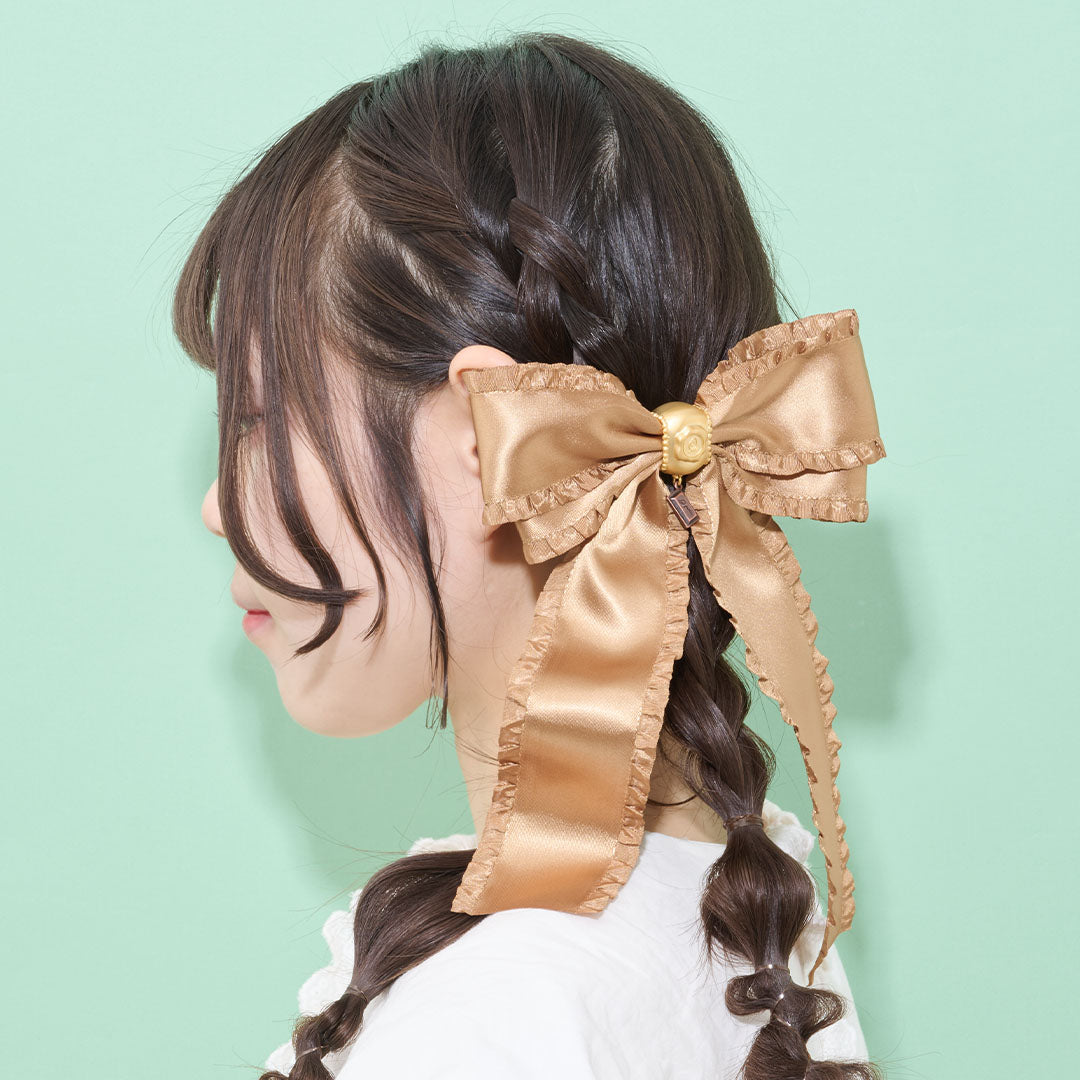 Frilled Satin Ribbon Chocolate Barrette (Brown Gold)【Japan Jewelry】