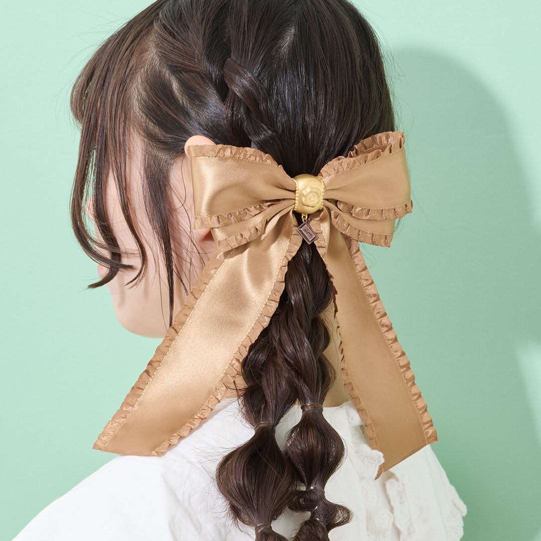 Frilled Satin Ribbon Chocolate Barrette (Brown Gold)【Japan Jewelry】