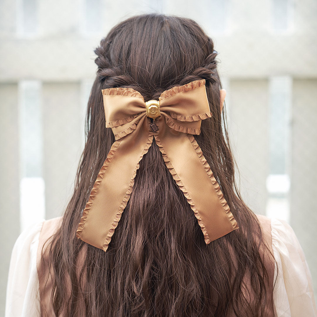 Frilled Satin Ribbon Chocolate Barrette (Brown Gold)【Japan Jewelry】