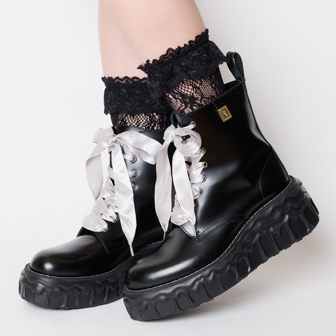 Melting Chocolate Satin Ribbon Lace Up Leather Boots (Black)【Japan Jewelry】