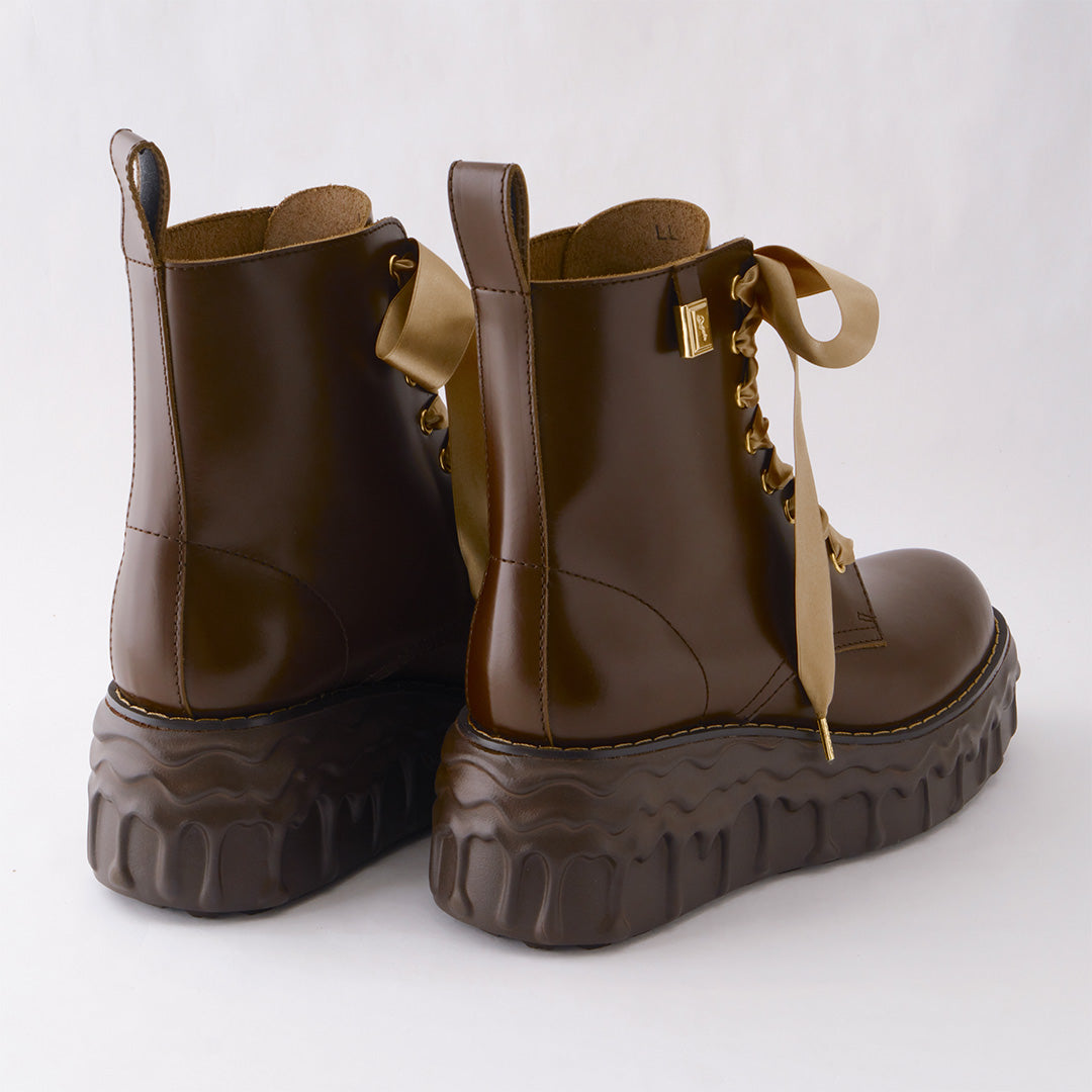 Melting Chocolate Satin Ribbon Lace Up Leather Boots (Brown)【Japan Jewelry】