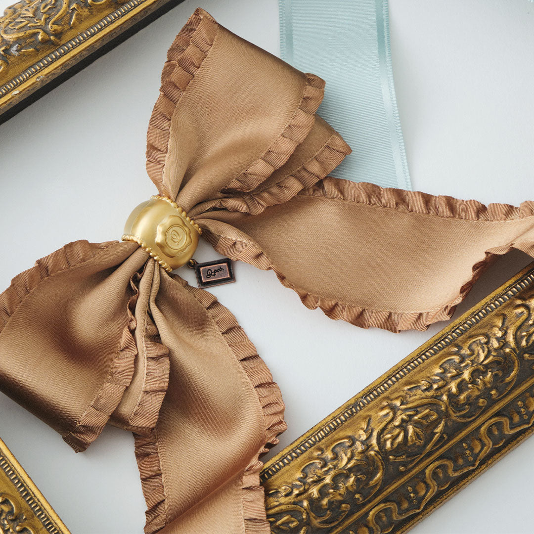 Frilled Satin Ribbon Chocolate Barrette (Brown Gold)【Japan Jewelry】