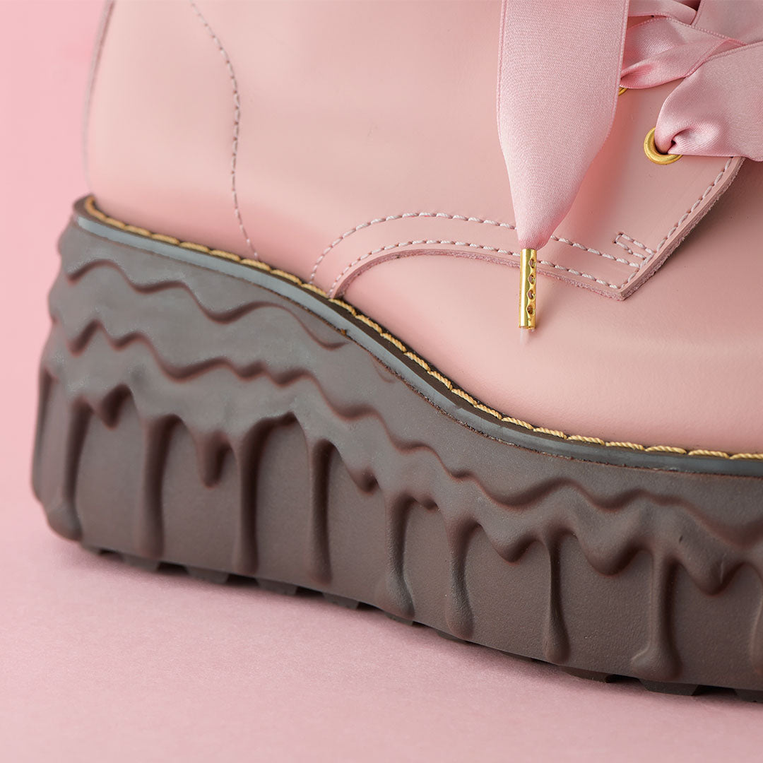 Melting Chocolate Satin Ribbon Lace Up Leather Boots (Pale Pink)【Japan Jewelry】