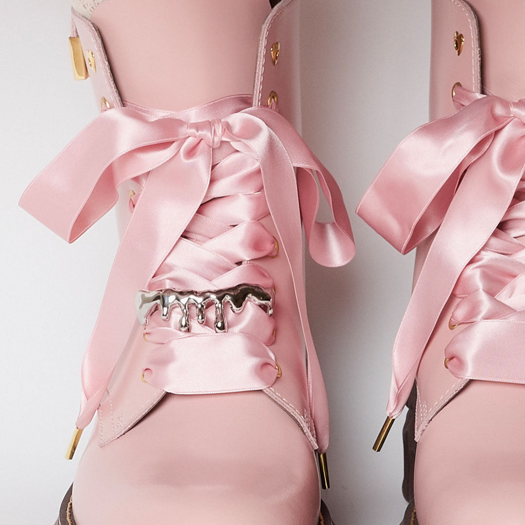 Melting Chocolate Satin Ribbon Lace Up Leather Boots (Pale Pink)【Japan ...