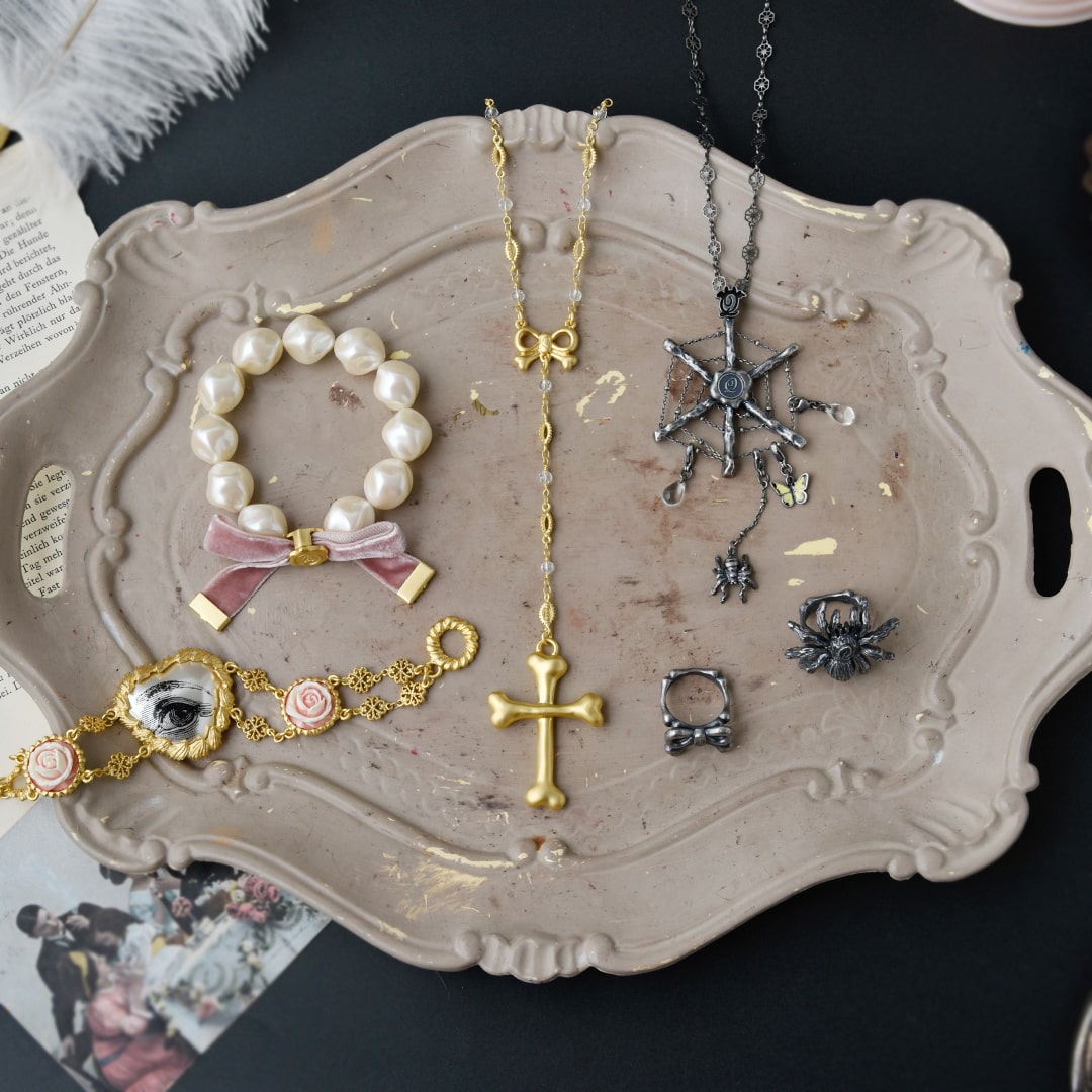 Bone Cross Rosary Necklace (Matt Gold)【Japan Jewelry】