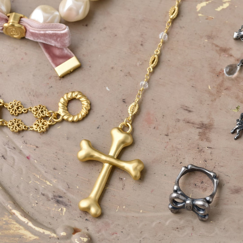 Bone Cross Rosary Necklace (Matt Gold)【Japan Jewelry】