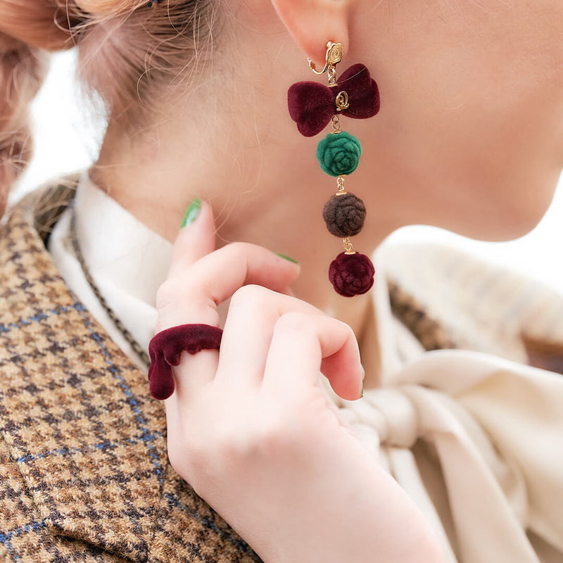 Flocky Brown & Bordeaux & Green Ribbon Pierced Earrings (Pair)【Japan Jewelry】