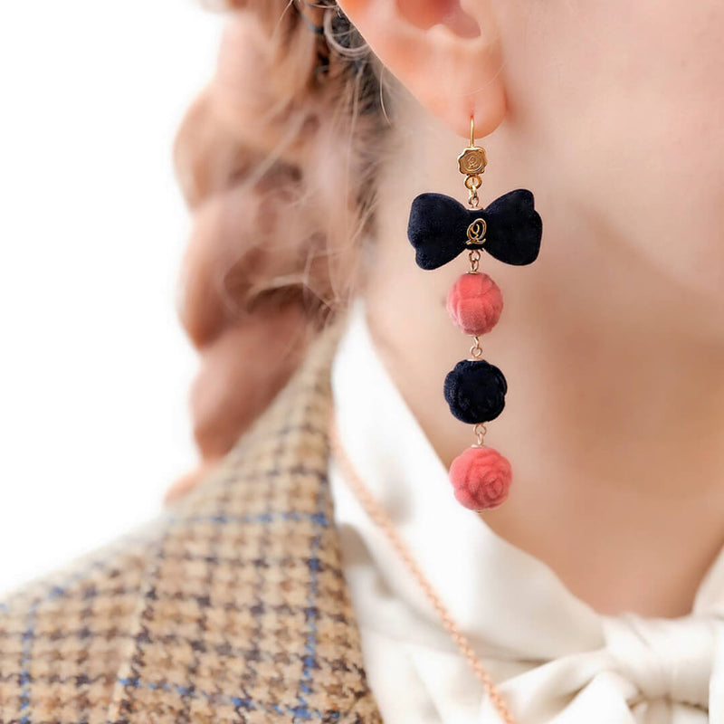 Flocky Black & Pink Ribbon Pierced Earrings (Pair)【Japan Jewelry】