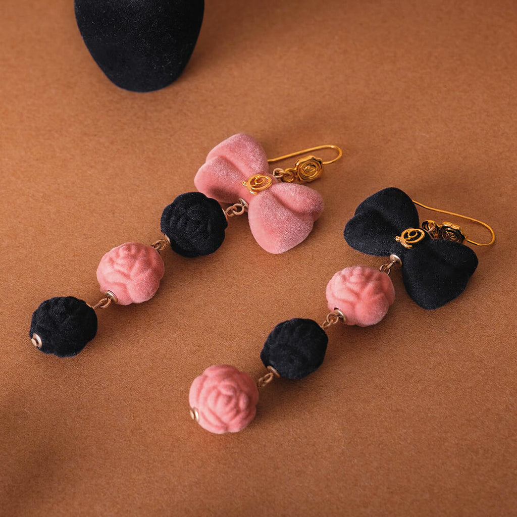 Flocky Black & Pink Ribbon Pierced Earrings (Pair)【Japan Jewelry】