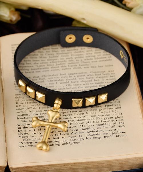 Bone Cross Leather Choker (Matt Gold)【Japan Jewelry】