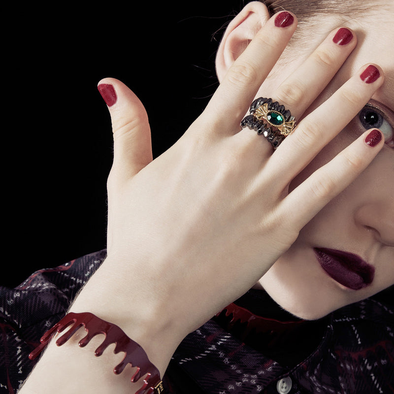 【Poppy × Q-pot.】Poison Candy Ring & Spike Teeth Ring Set (Black & Silver)