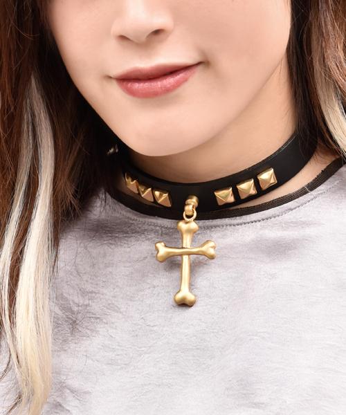 Bone Cross Leather Choker (Matt Gold)【Japan Jewelry】