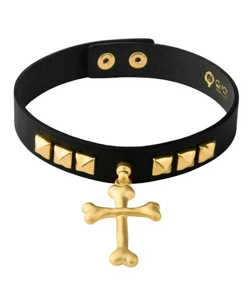 Bone Cross Leather Choker (Matt Gold)【Japan Jewelry】