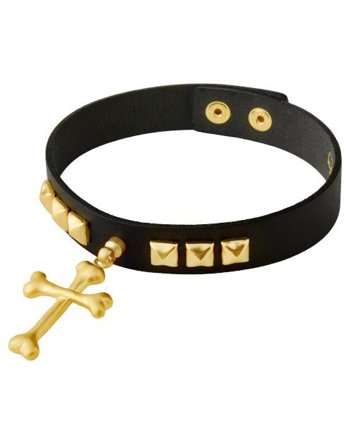 Bone Cross Leather Choker (Matt Gold)【Japan Jewelry】