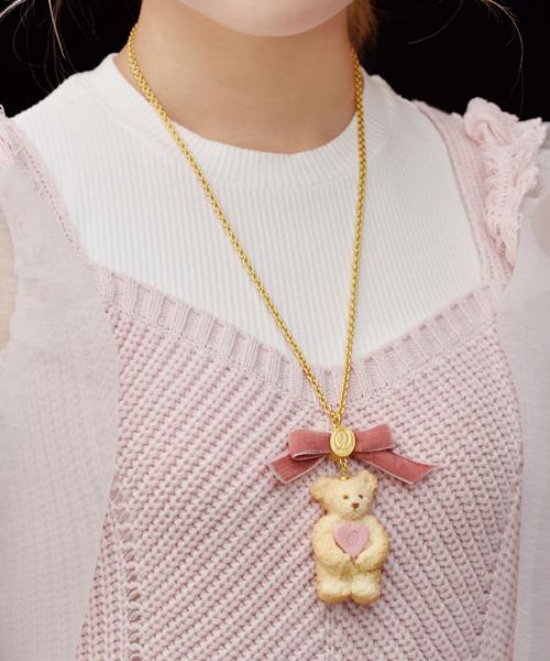Teddy Bear Milk Cookie Necklace (Pink Heart)【Japan Jewelry】