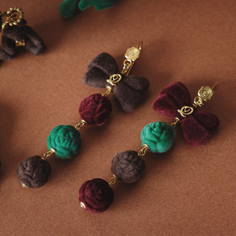 Flocky Brown & Bordeaux & Green Ribbon Pierced Earrings (Pair)【Japan Jewelry】