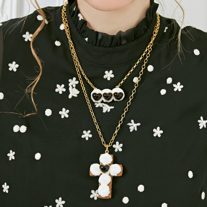 Black Heart Studs Cross Sugar Cookie Necklace【Japan Jewelry】