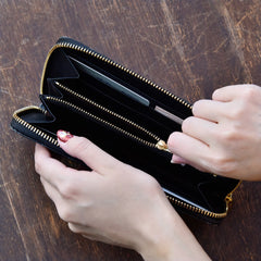 Black Chocolate Zip Around Leather Long Wallet【Japan Jewelry