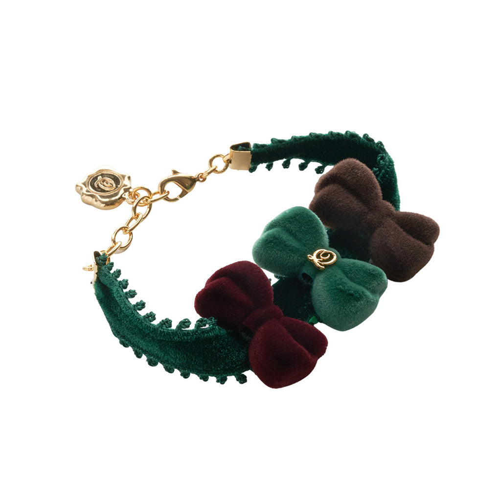 Flocky Brown & Bordeaux & Green Ribbon Bracelet【Japan Jewelry】
